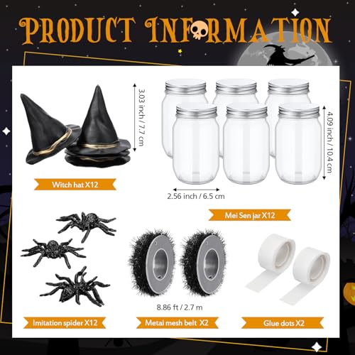 Halloween Candy Jar Craft Kit with Spiders and Witch Hats - Black, 12 Sets