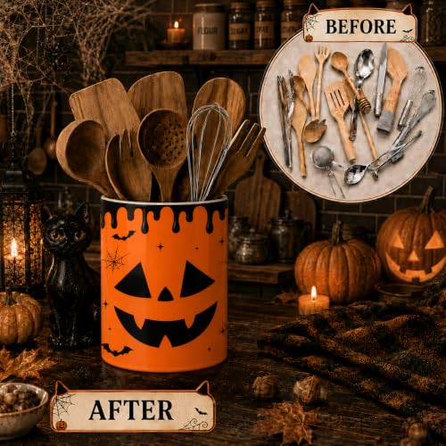 Halloween Utensil Holder with Pumpkins, Ceramic Kitchen Counter Organizer - Orange, 6 Inches