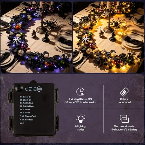 Black Spider Halloween Garland with Light - 6FT Indoor Outdoor Decor