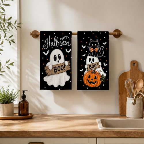 Ghost Cat Boo Kitchen Towels Set of 2 Halloween Dish Towels - Spooky Cat & Pumpkin Design
