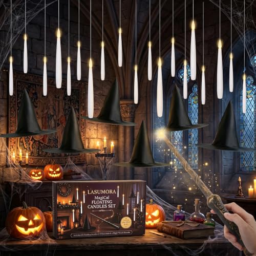 Halloween Flameless Floating Candles Set with Wand Remote & Witch Hats