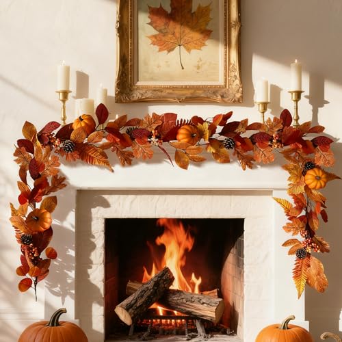 1 Pcs Fall Garland with Lights - Autumn Pumpkin Berry Maple Leaves Wreath for Mantle, Fireplace, Porch Decor