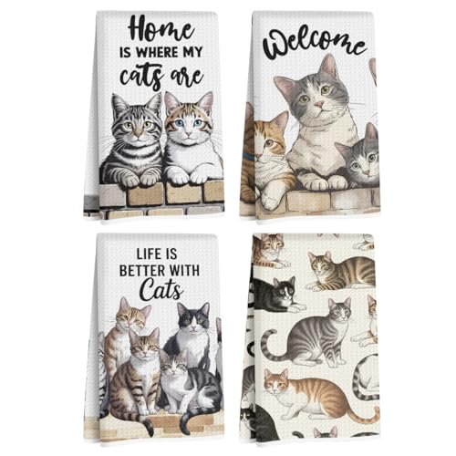 Multi 1482 4 Pcs Cute Cat Kitchen Towels 24x14 Inch Absorbent Hand Towels