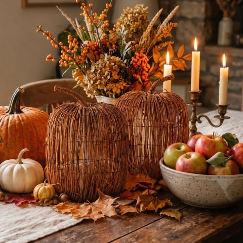 Artificial Wicker Pumpkin Decor Set - 12 x 10 Inches Farmhouse Fall Decoration - 2 Pieces