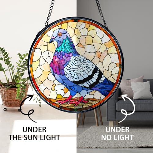 Stained Glass Bird Sun Catcher - Pigeon Window Decor with Metal Frame, 7.9 Inches