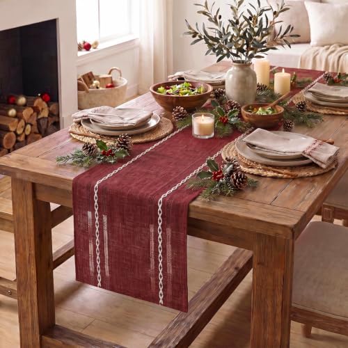 Red Embroidered Farmhouse Table Runner 13x36 Inch - Rustic Holiday Decor