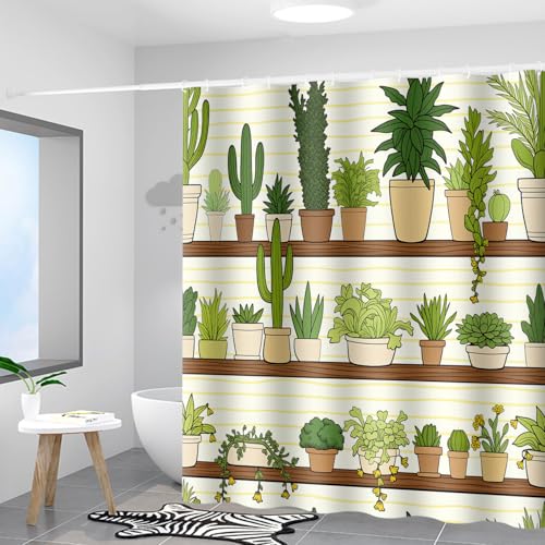 Green Cactus Pot Shelf Bathroom Shower Curtain 72x72 Inch with Hooks - Waterproof Fabric