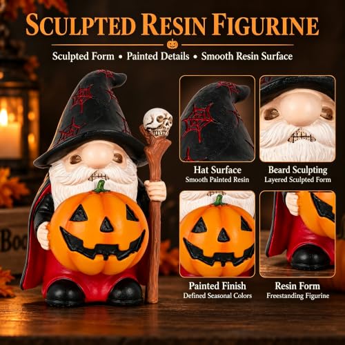 Halloween Gnome Figurine Resin Wizard with Skull Staff - Black Variation
