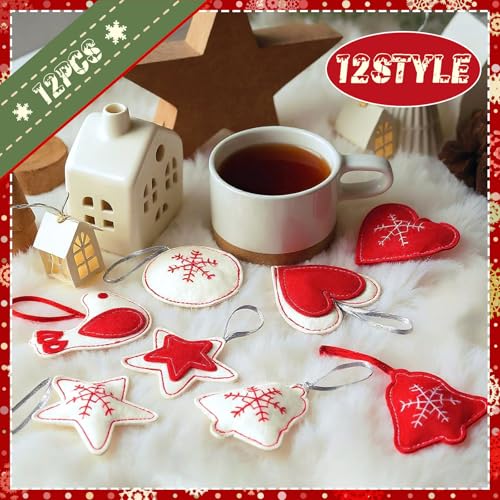 Christmas Felt Ornaments Set - 12 Assorted 3D Snowflake & Holiday Decorations, Red & White Variation