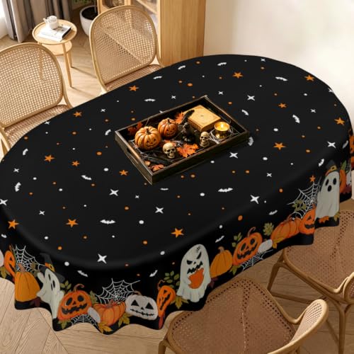 Black Halloween Pumpkin Ghost Tablecloth 102x60 Inches Fall Decor - Reusable Polyester