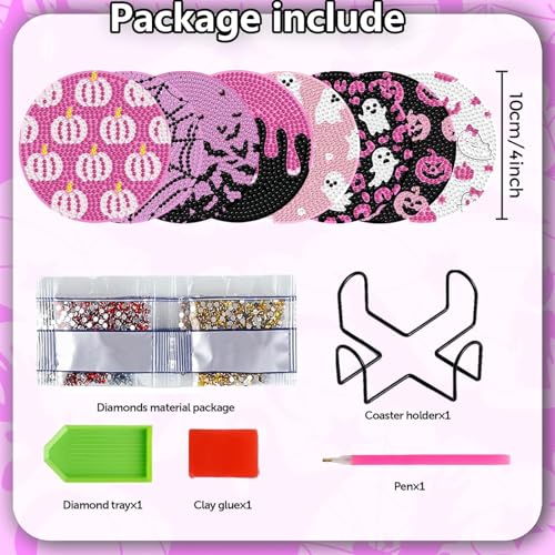 Pink Halloween Diamond Art Coaster Kit with Holder - DIY 8 Pcs for Adults