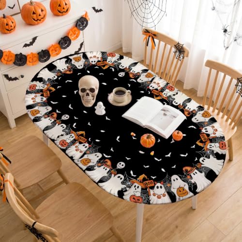 Halloween Fitted Tablecloth 64x44 Inch Oval Ghost Bat Design - Black