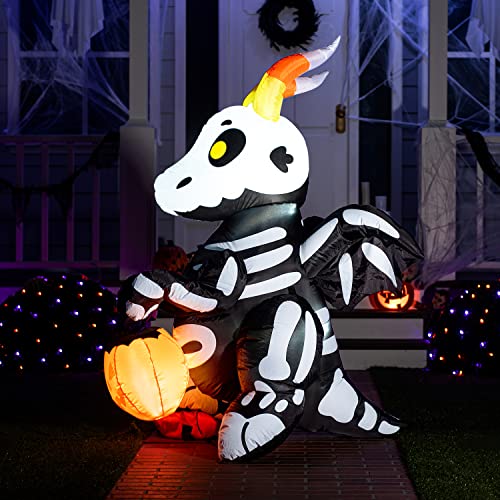 Halloween Inflatable Skeleton Dragon Light Up Yard Decor - 5 FT Tall, Outdoor Blow Up Decoration with LEDs & Stakes - Skeleton Dragon Variation