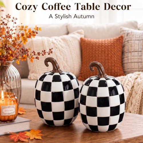 Large Black and White Resin Pumpkin Halloween Decor - 8.6 Inch Set