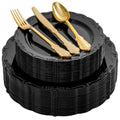 Black Plastic Dinnerware Set - 150Pcs Disposable Plates & Gold Cutlery for Party