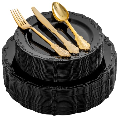 Black Plastic Dinnerware Set - 150Pcs Disposable Plates & Gold Cutlery for Party