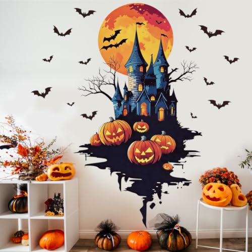 Halloween Haunted Castle Wall Decals Spooky Pumpkin Bat Wall Stickers - Halloween Party Decorations