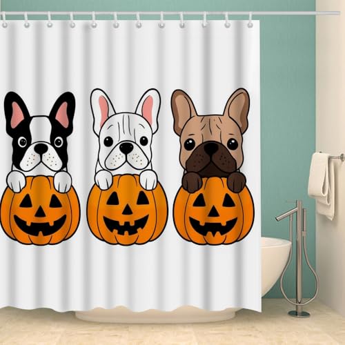French Bulldog Pumpkin Shower Curtain - Halloween Cartoon Animal Design, 72x72 Inch - Variation of THIS listing