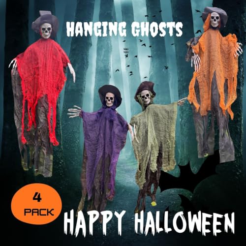 Halloween Hanging Ghost Decorations Set - Spooky 4-Pack, 35-Inch Flying Spirits for Outdoor & Indoor Haunted House, Porch, Yard