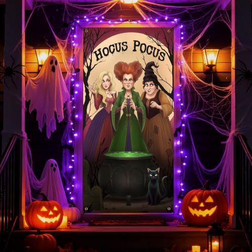 Halloween Door Cover Hocus Pocus Decorations Witch Sisters Black Cat Banner