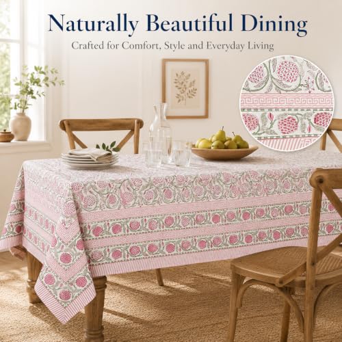 Rectangular Cotton Tablecloth 72x140 Inch Hand Block Printed Floral Cover for Dining & Events - Strawberry Red