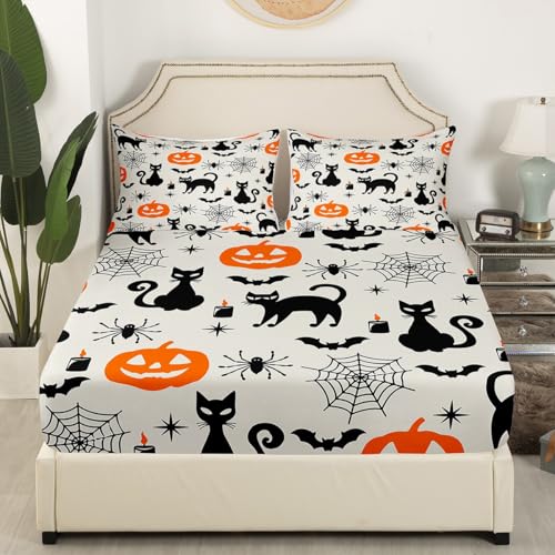 Feelyou Halloween Black Cat Bed Sheet Twin Size Pumpkin Ghost Cats Bedding Fitted Sheet - Halloween 31 No Flat Sheet