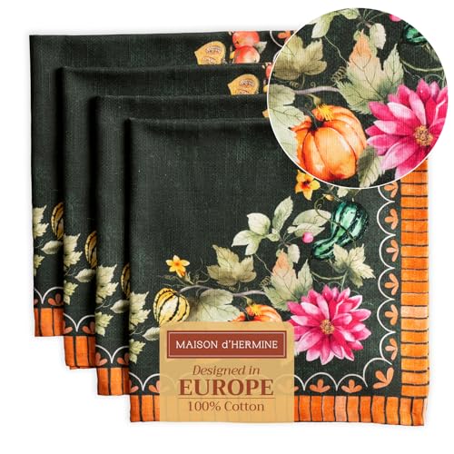 Pumpkin Garden Cloth Napkins Set of 4 - 20x20 Inches Reusable Cotton, Fall Decor