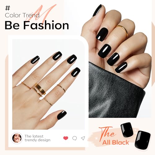 Modelones Short Square Black Press On Nails A2 All Black Halloween Fake Nails