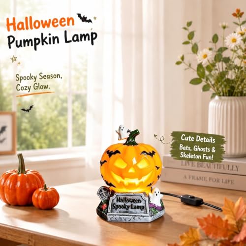 Halloween Pumpkin Lantern - Stained Glass Ghost & Bat Design - USB Powered - Pumpkin Tombstone Variation