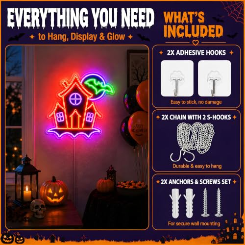 Halloween Neon Sign - Haunted House with Bats LED Wall Light, Dimmable USB Decor