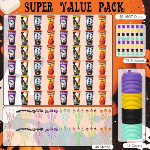 48 Pack Halloween Party Cups with Lids & Silly Straws - Reusable Bulk Set