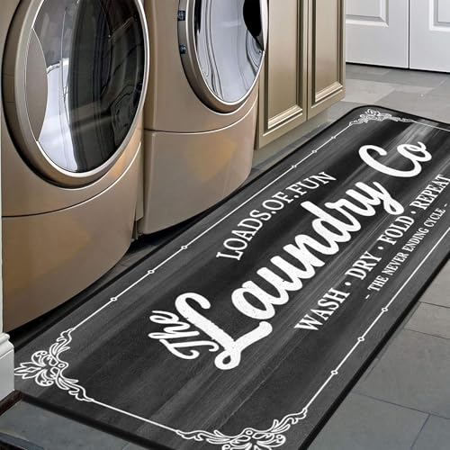 Laundry Room Long Area Rug Non-Slip Waterproof Floor Mat - 40x20 Black/Grey