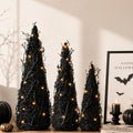 Halloween Tinsel Cone Trees with LED Lights Set of 3 - Black Autumn Decor