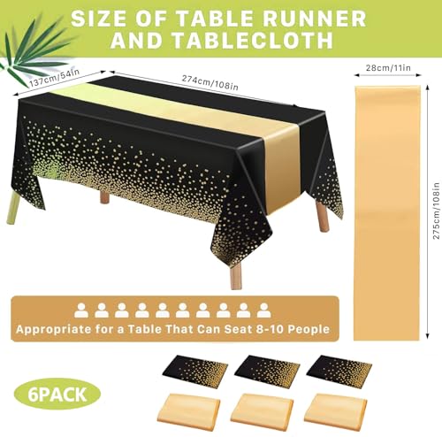 Black and Gold Satin Table Runners and Plastic Tablecloth Set - 3 Piece