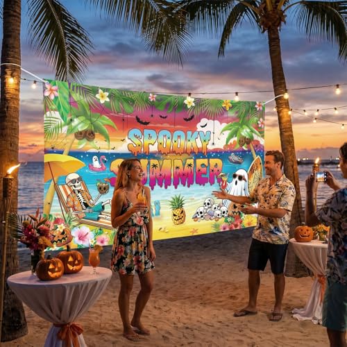 Large Summer Halloween Party Banner - Tropical Skeleton Photo Backdrop 72x43 Inches