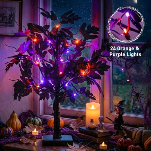 PEIDUO Halloween Black Tree Lights with Removable Leaves and 24 LEDs - Indoor Spooky Decor