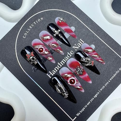 Halloween Long Stiletto Press On Nails Black Skeleton Spider Charm - Variation of Halloween-L