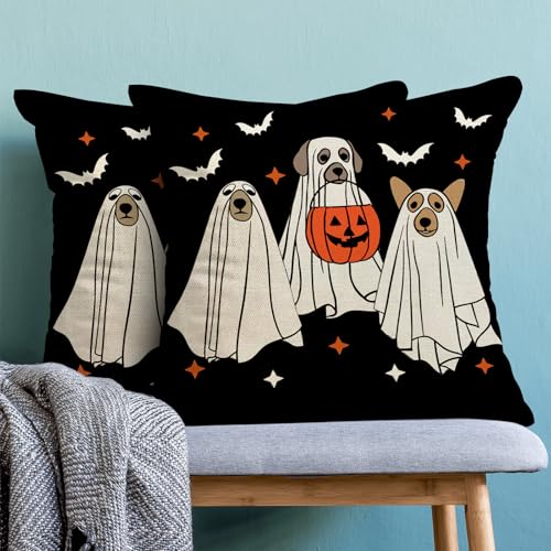Halloween Pillow Covers 18x18 Pack of 2 - Black Beige Dog & Bat Decor