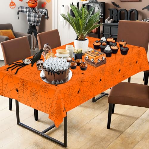 Halloween Spider Web Tablecloth - Orange Disposable Plastic Cover, 108x54 Inch, Set of 2