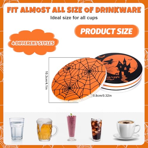 Halloween Ceramic Coasters Set - Orange and Black Trick or Treat Drink Mats for Table Protection