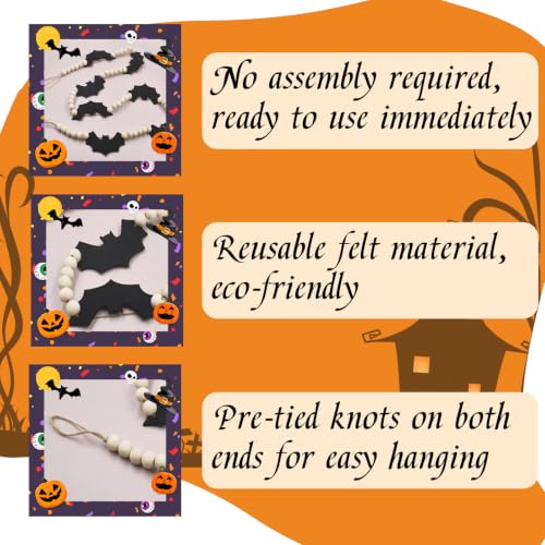 Halloween Felt Bat Garland with Wood Beads - Mantel Decor, Spooky Rustic Halloween Decoration - Bat Variation