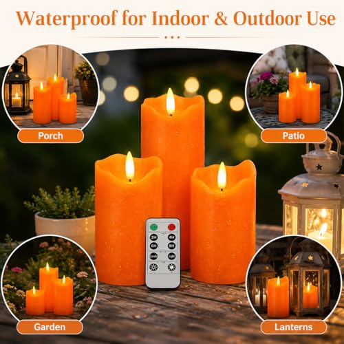 Orange Flameless Pillar Candles Set - 3 Sizes with Remote & Timer - Halloween Decor