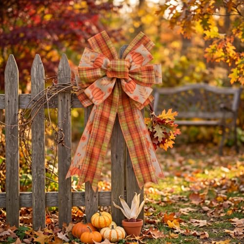Large Fall Bow for Wreaths & Door Decor - Pumpkin & Plaid Harvest Decoration