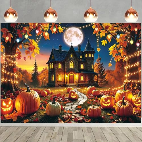 94x70 Inch Halloween Haunted House Backdrop Pumpkin Full Moon Banner