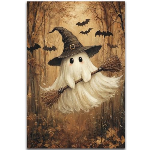 Halloween Ghost Cabin Wall Art Canvas - Spooky Ghost, Bats & Broomstick Scene, 16x24 Inches, Style 6