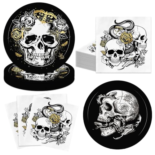 Black Skull Party Plates and Napkins Set for 20 Guests Dia De Los Muertos Halloween