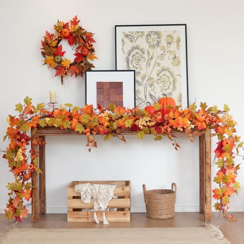 Fall Decor Artificial Maple Leaf Pumpkin Garland - Yellow Pk 6FT Autumn Thanksgiving Halloween