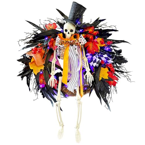 Halloween Skeleton Wreath for Front Door with Lights - 28 Inch Orange Variation