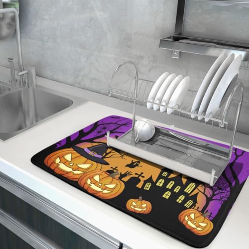 Halloween Pumpkin Dish Drying Mat for Kitchen Counter 18x24 Inch with Witch Ghost Castle Design - Purple Microfiber Drainer Mat