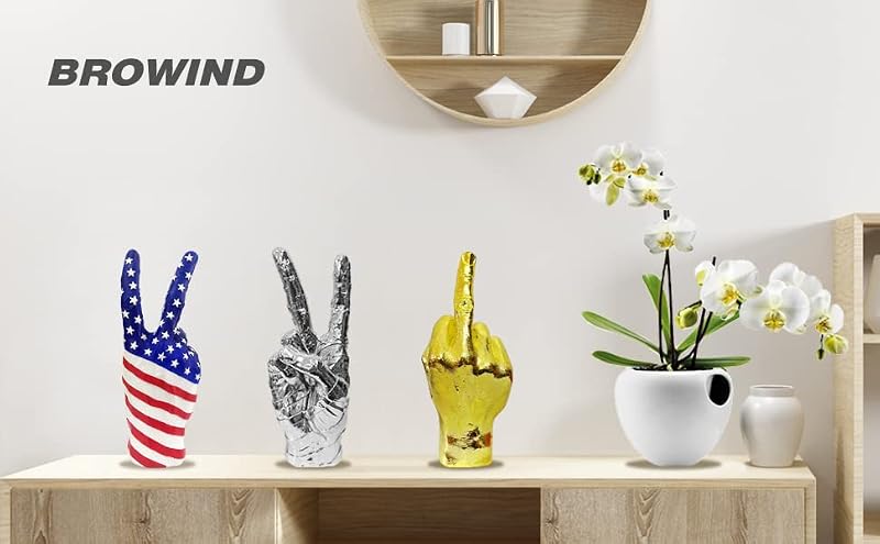 Silver Hand Gesture Desk Statue - Funny Finger Sculpture for Halloween Prank - Yeah-Gold